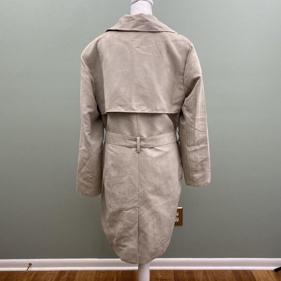 Banana Republic Trench Jacket Womens Large Beige Faux Suede Tie Belt Drape Front - Picture 4 of 11